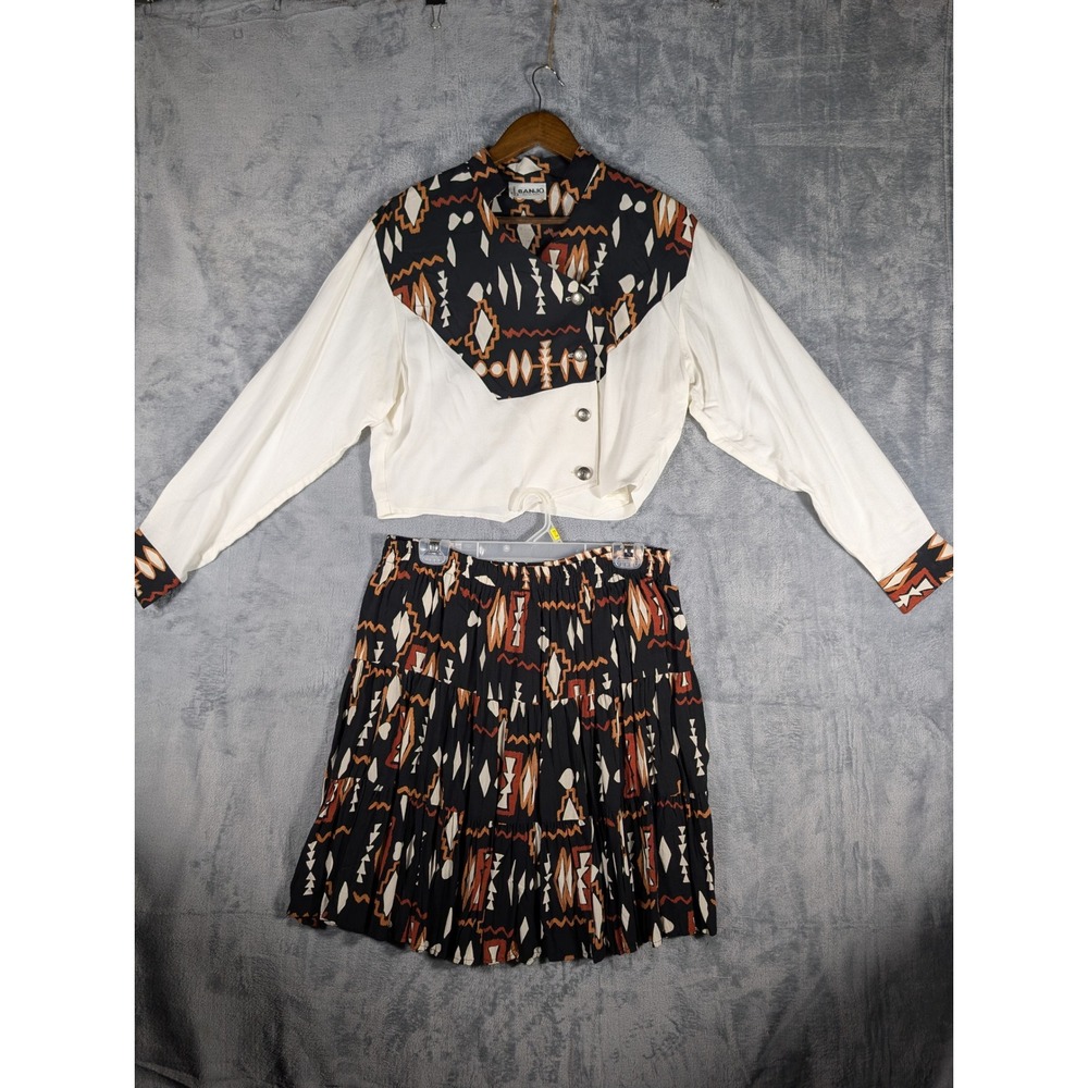 Banjo Dallas Vintage Southwestern Two Piece Set Jacket Tiered Skirt Black White